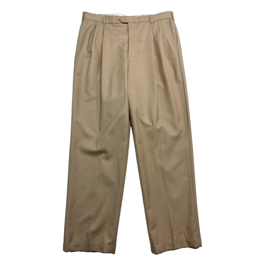 Lord Taylor 36x32 Khaki Pleated Dress Suit Pants Worsted Wool USA Trouser Cuffed